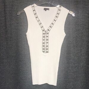 Sleeveless Ribbed V-Neck Tank with Embellished Trim - White